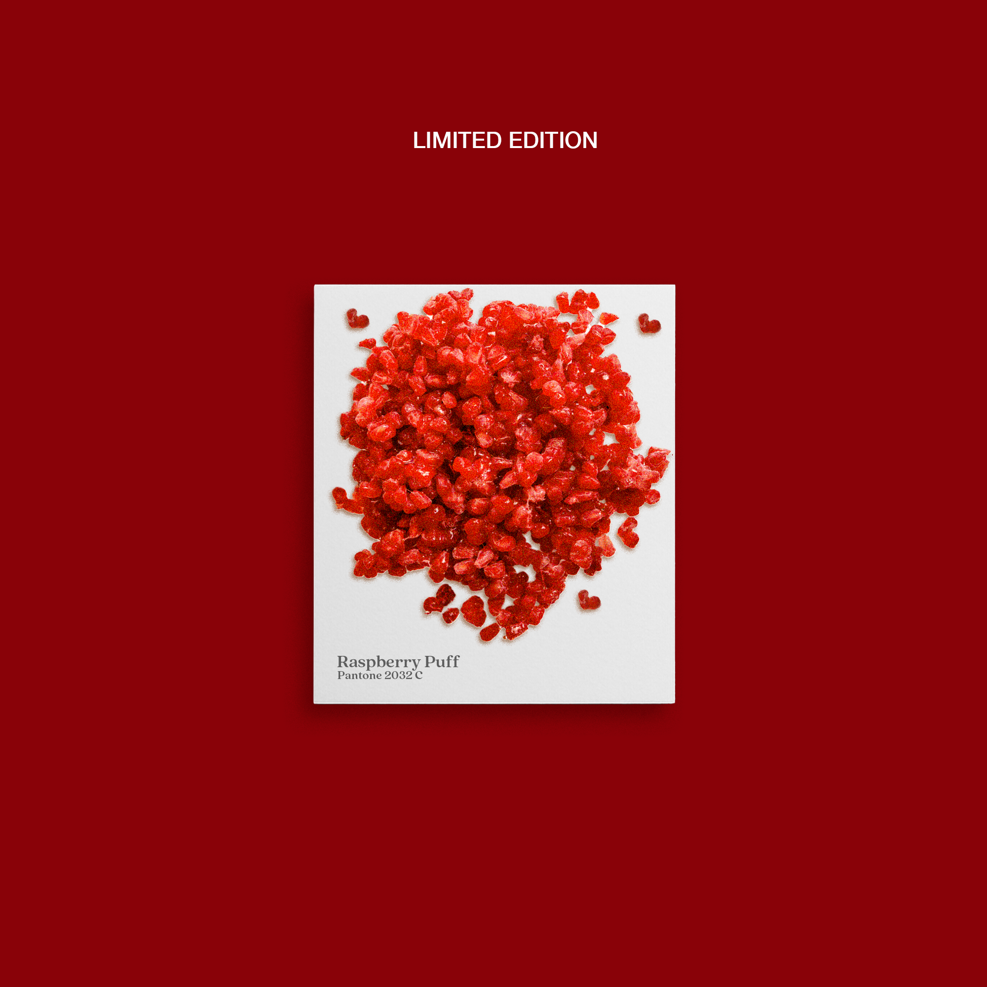 Red candy pieces on a white card with 'Limited Edition' text on a red background