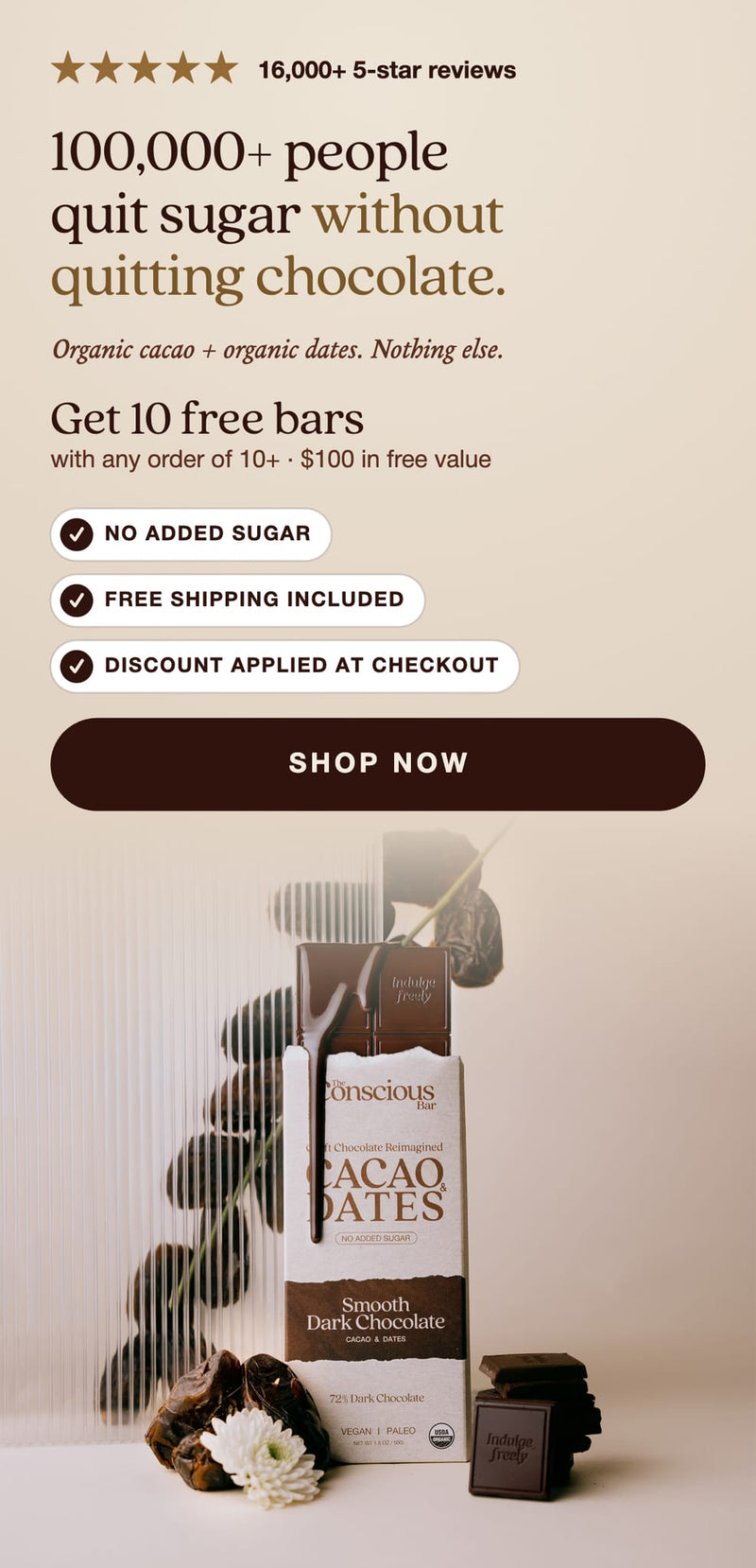 The Conscious Bar Smooth Dark Chocolate, cacao and dates