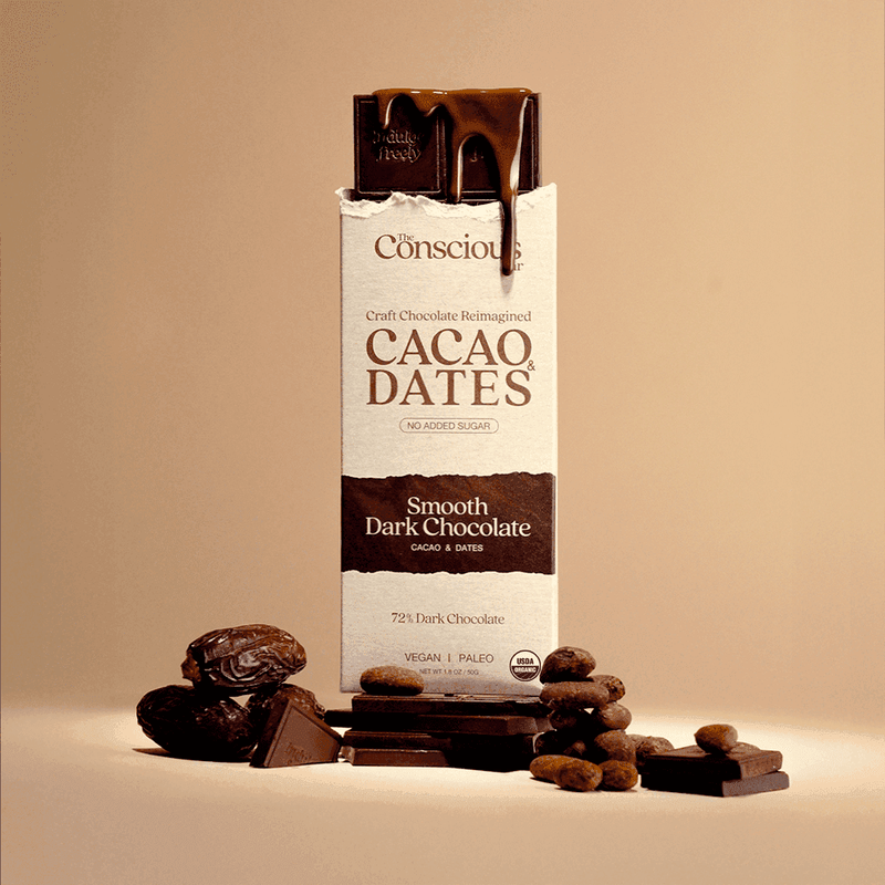 The Conscious Bar Smooth Dark Chocolate bar, made with organic cacao and dates
