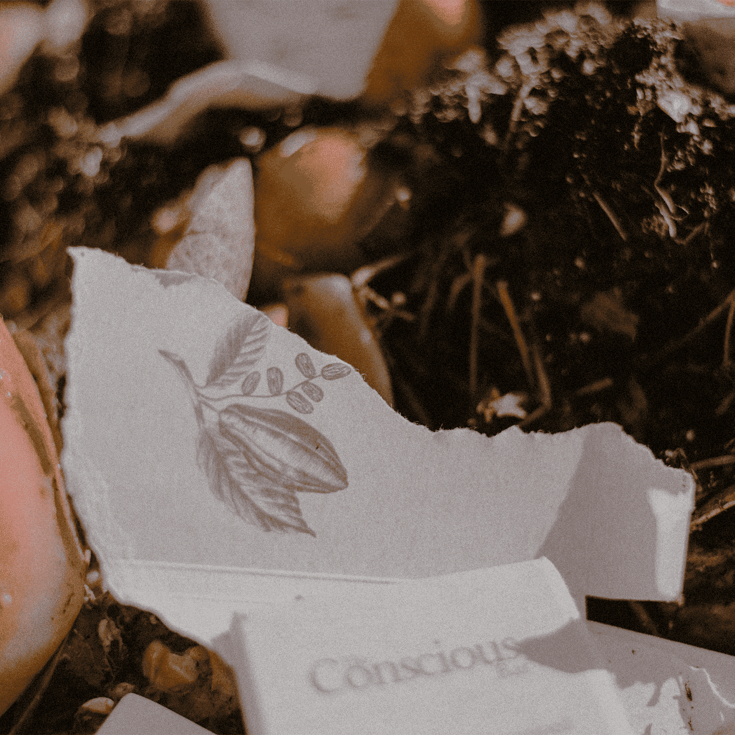 White paper with leaf design and 'Conscious' text on a natural background