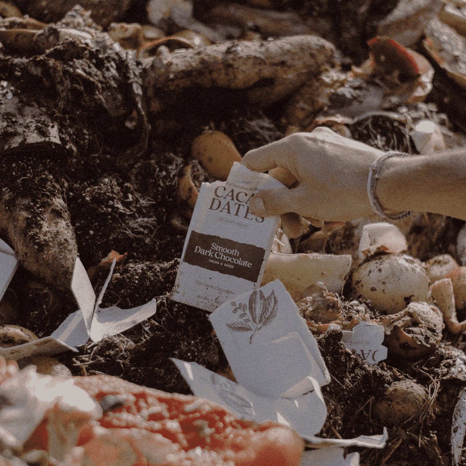 Hand holding a package of Cacao Delsi chocolate bars amidst cacao beans