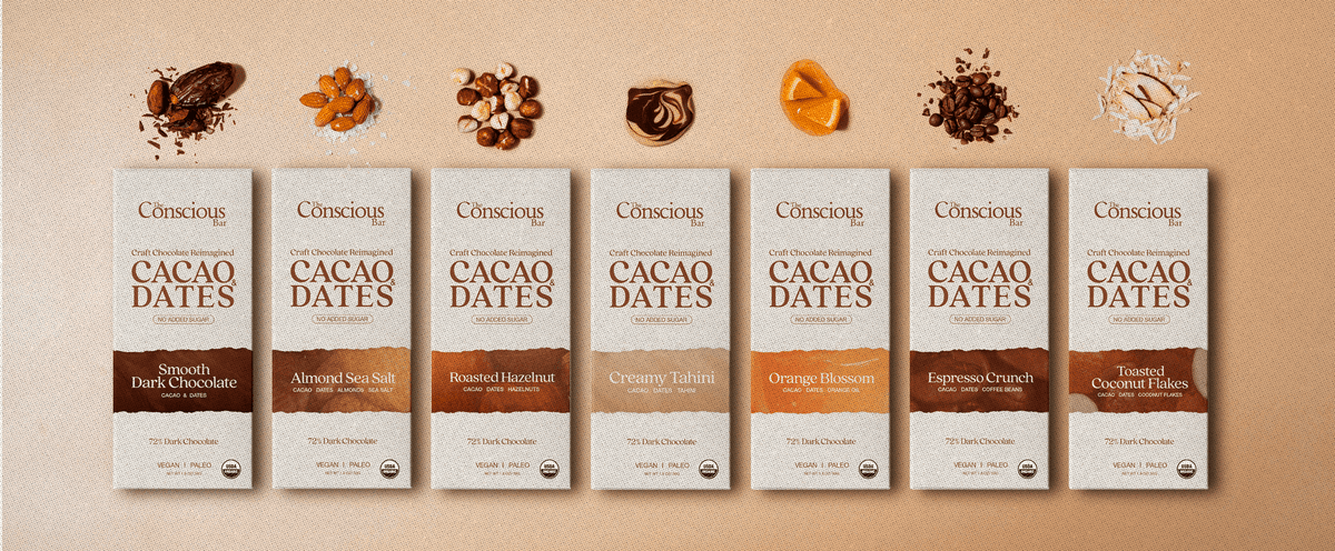 The seven core flavors of The Conscious Bar laid out with their ingredients